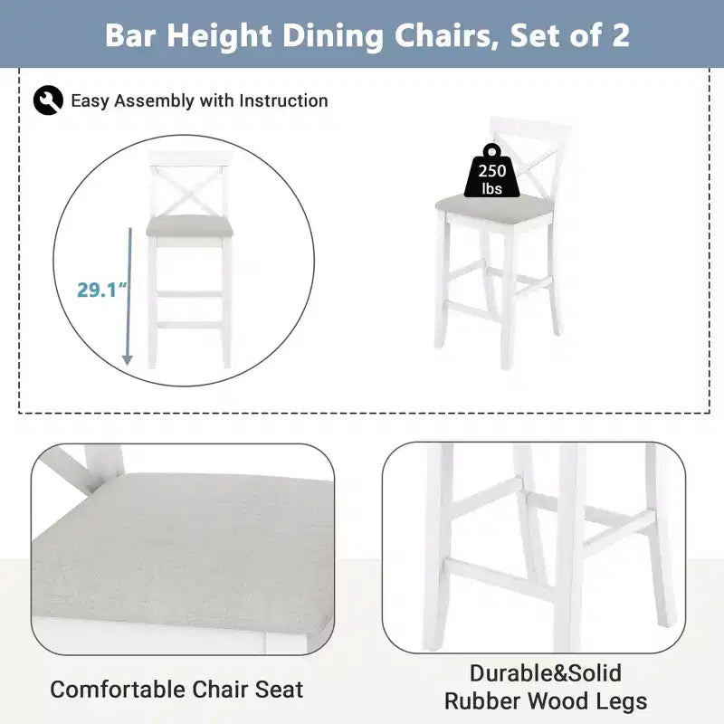 MAYEERTY 48 Farmhouse Wood Bar Height Dining Set, Rectangular Table with 2 Chairs for Small Places, Gray + Beige