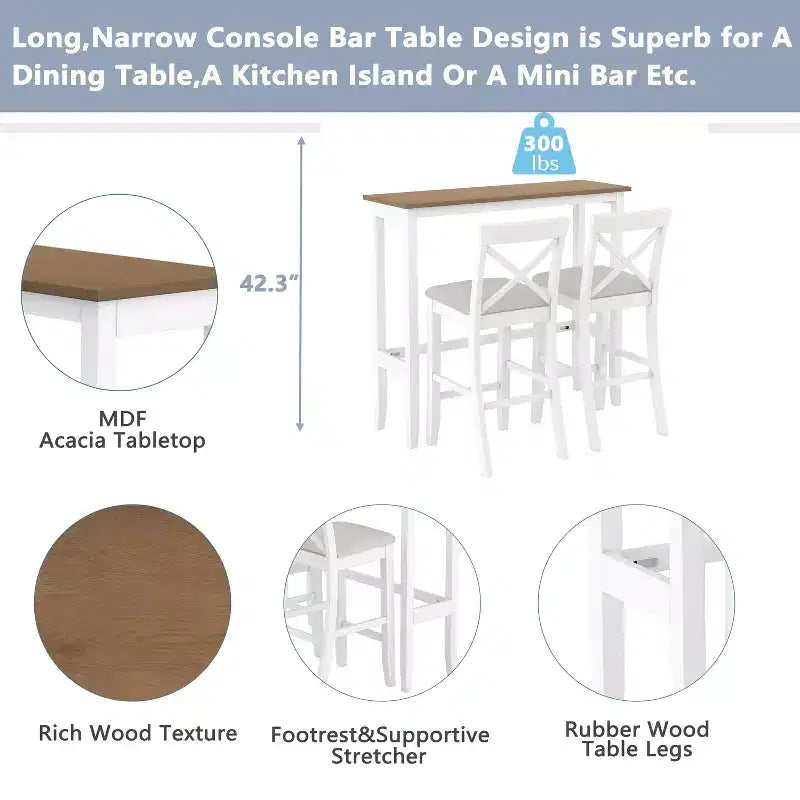 MAYEERTY 48 Farmhouse Wood Bar Height Dining Set, Rectangular Table with 2 Chairs for Small Places, Gray + Beige
