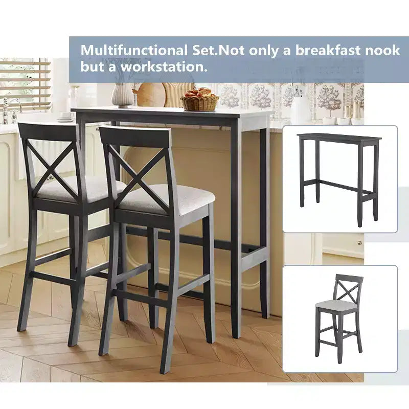 MAYEERTY 48 Farmhouse Wood Bar Height Dining Set, Rectangular Table with 2 Chairs for Small Places, Gray + Beige