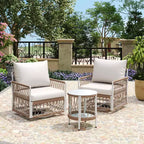 MAYEERTY 3-Piece Bohemian Outdoor Furniture Set, 2 Lounge Chairs & Glass Top Side Table, Handwoven Rope Steel Frame Waterproof Cushions