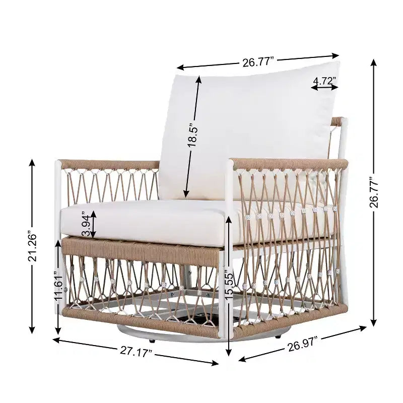 MAYEERTY 3-Piece Bohemian Outdoor Furniture Set, 2 Lounge Chairs & Glass Top Side Table, Handwoven Rope Steel Frame Waterproof Cushions