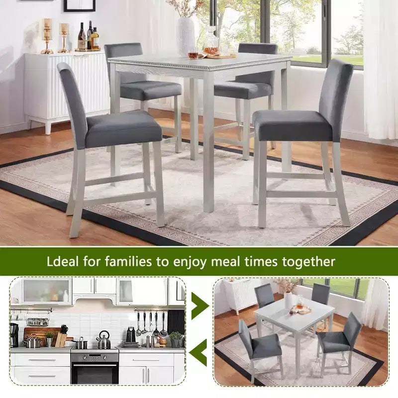 MAYEERTY 5-Piece Counter Height Table Set, Wooden Table & 4 Upholstered Chairs