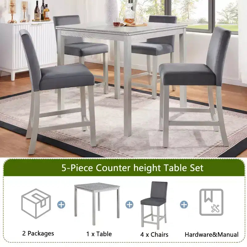 MAYEERTY 5-Piece Counter Height Table Set, Wooden Table & 4 Upholstered Chairs