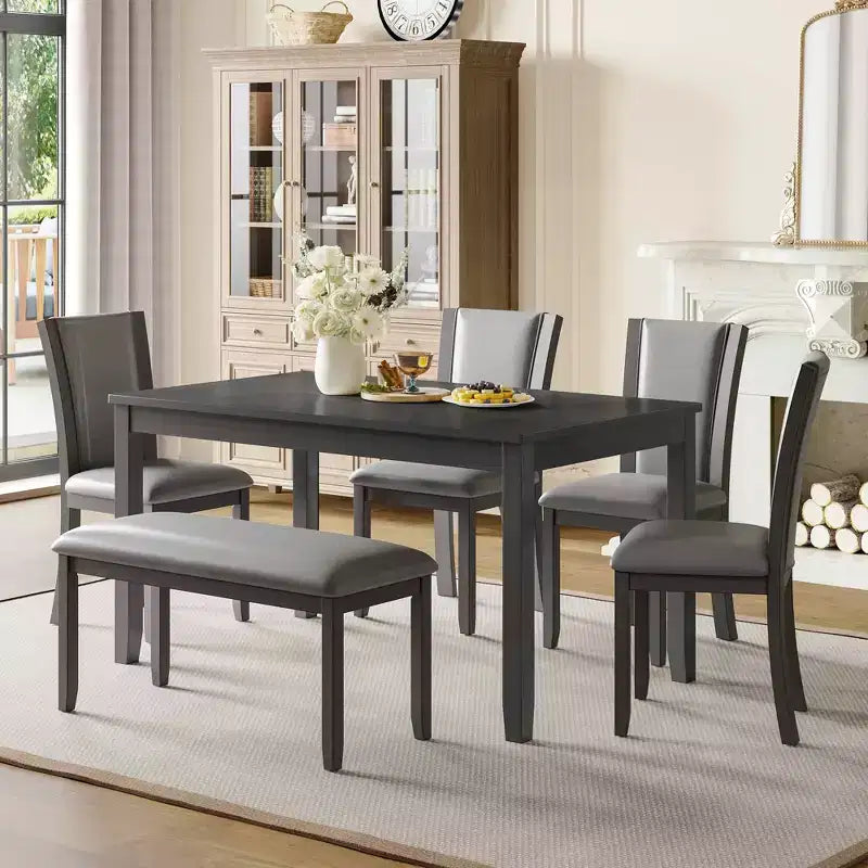 MAYEERTY 6-Piece Modern Dining Table Set, Wooden Table with 4 Chairs & Bench, Grey