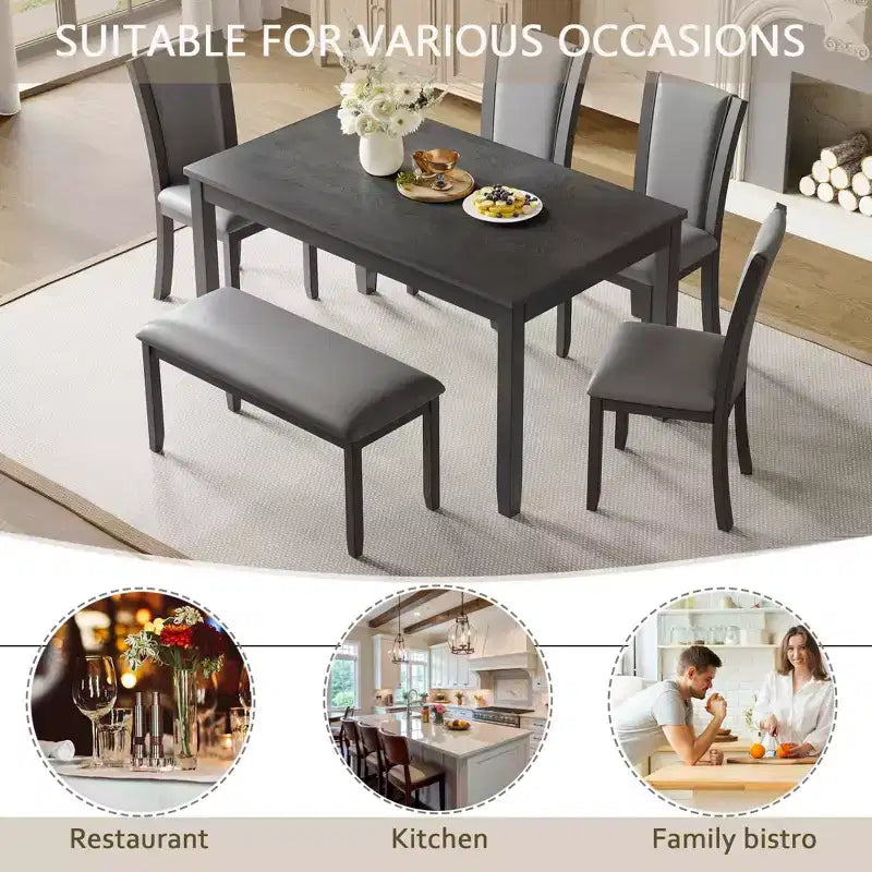 MAYEERTY 6-Piece Modern Dining Table Set, Wooden Table with 4 Chairs & Bench, Grey