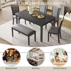 MAYEERTY 6-Piece Modern Dining Table Set, Wooden Table with 4 Chairs & Bench, Grey