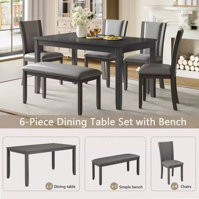 MAYEERTY 6-Piece Modern Dining Table Set, Wooden Table with 4 Chairs & Bench, Grey