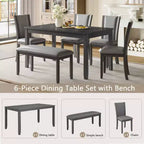 MAYEERTY 6-Piece Modern Dining Table Set, Wooden Table with 4 Chairs & Bench, Grey