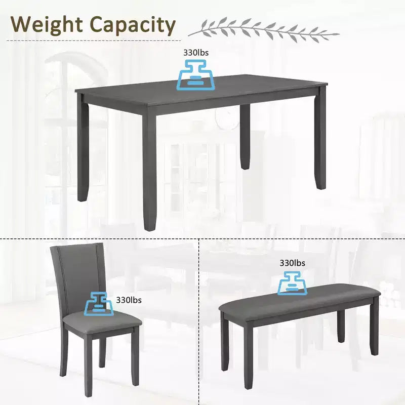 MAYEERTY 6-Piece Modern Dining Table Set, Wooden Table with 4 Chairs & Bench, Grey