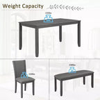 MAYEERTY 6-Piece Modern Dining Table Set, Wooden Table with 4 Chairs & Bench, Grey