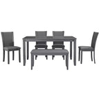 MAYEERTY 6-Piece Modern Dining Table Set, Wooden Table with 4 Chairs & Bench, Grey