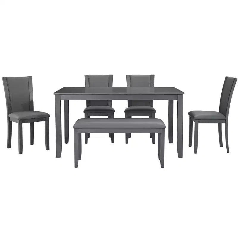 MAYEERTY 6-Piece Modern Dining Table Set, Wooden Table with 4 Chairs & Bench, Grey