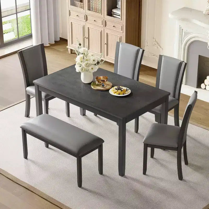 MAYEERTY 6-teiliges modernes Esszimmerset, Holztisch mit 4 Stühlen und Bank, Grau