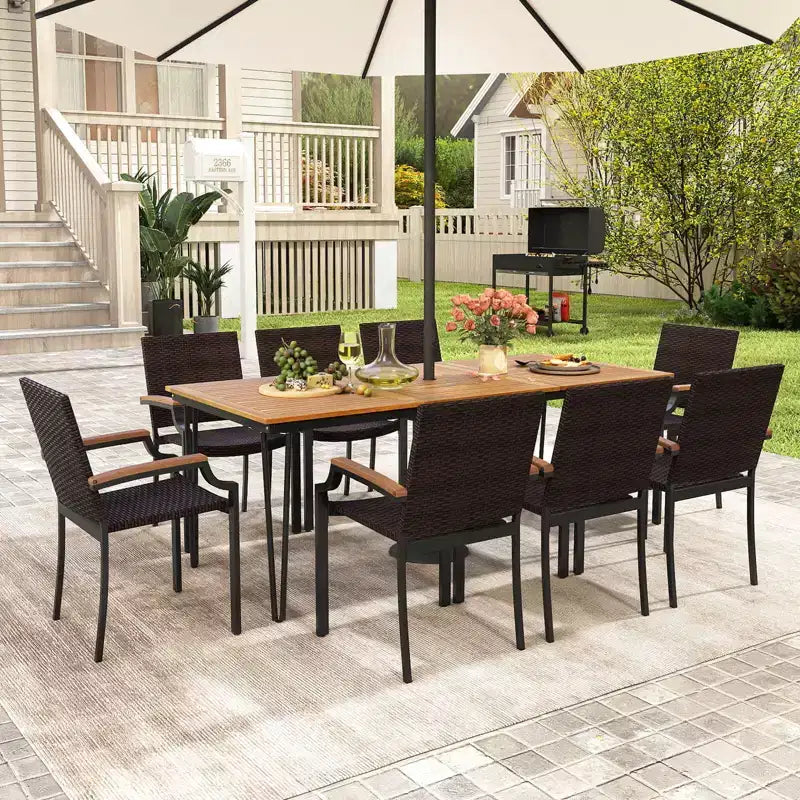 Costway 9PCS Patio Dining Set with 79 Rectangular Dining Table & 8 Stackable Rattan Chairs