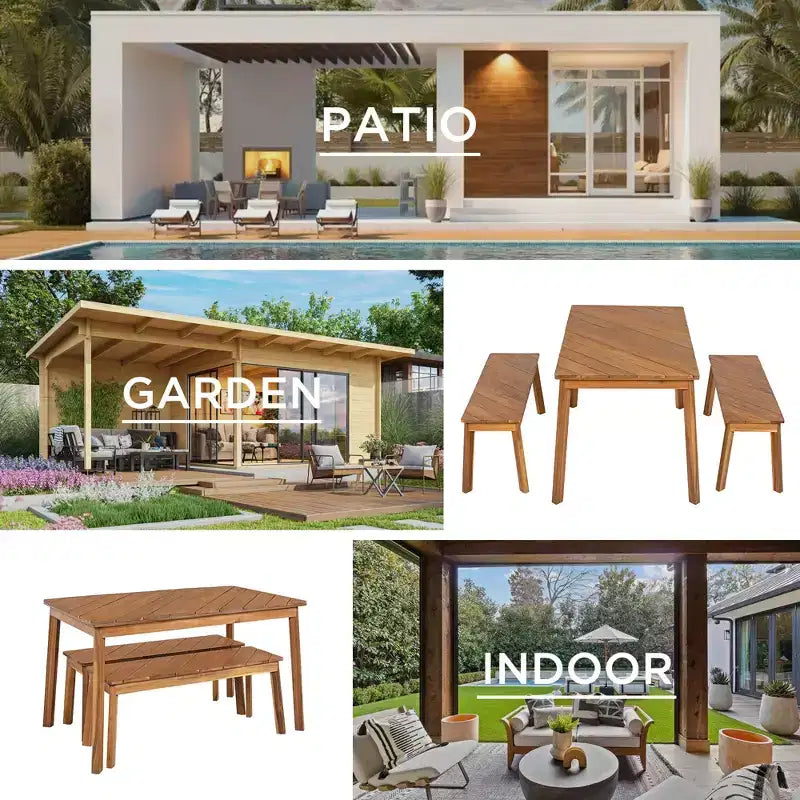 GDFStudio Lucas Patio Modern Acacia Wood 3-Piece Dining Table Set with Two Benches