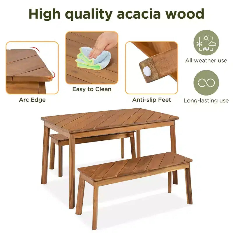 GDFStudio Lucas Patio Modern Acacia Wood 3-Piece Dining Table Set with Two Benches