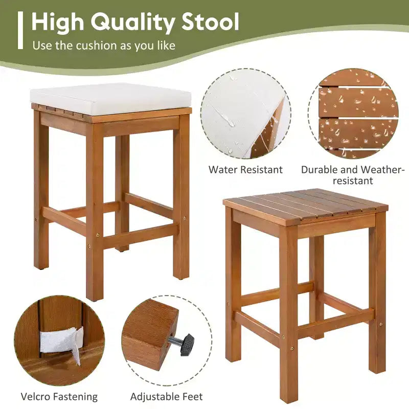 GDFStudio Mason Patio Modern Acacia Wood 5-Piece Bar Height Table Set with 4 Cushioned Stools