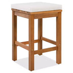 GDFStudio Mason Patio Modern Acacia Wood 5-Piece Bar Height Table Set with 4 Cushioned Stools