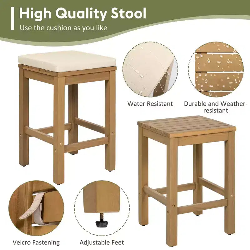 GDFStudio Mason Patio Modern Acacia Wood 5-Piece Bar Height Table Set with 4 Cushioned Stools