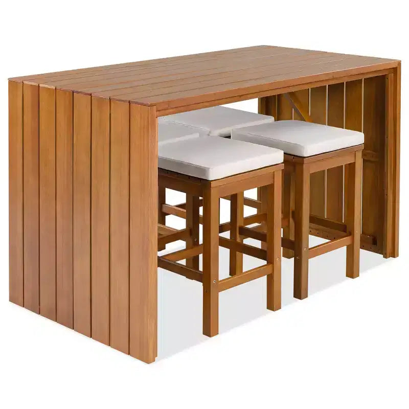 GDFStudio Mason Patio Modern Acacia Wood 5-Piece Bar Height Table Set with 4 Cushioned Stools
