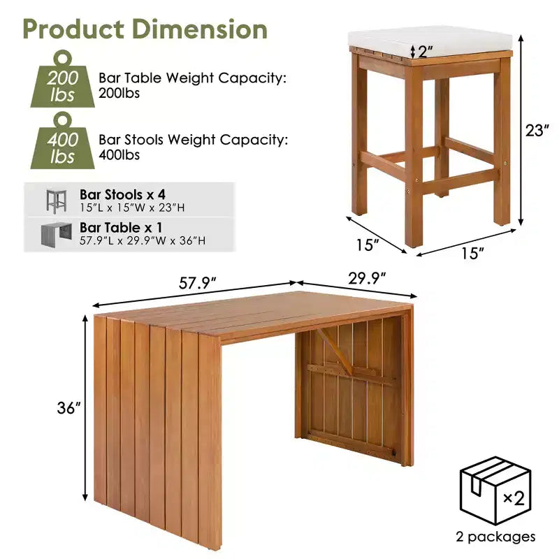 GDFStudio Mason Patio Modern Acacia Wood 5-Piece Bar Height Table Set with 4 Cushioned Stools