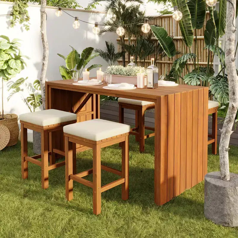 GDFStudio Mason modernes 5-teiliges Patio-Bartisch-Set aus Akazienholz mit Barhöhe und 4 gepolsterten Hockern