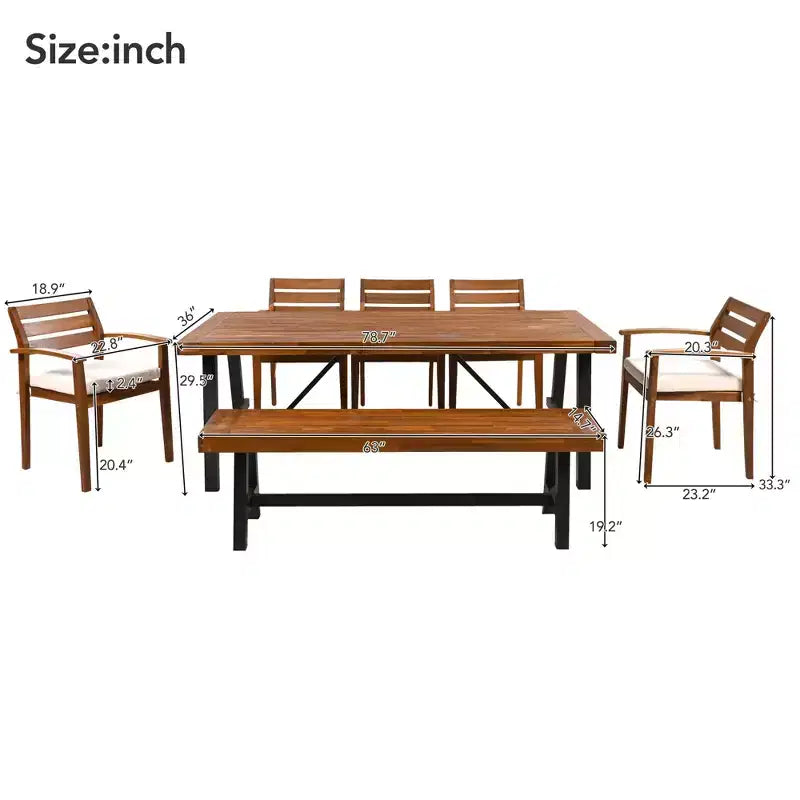 GDFStudio Murray Modern Farmhouse 7-Piece Acacia Wood Outdoor Dining Set with Table, Bench and Cushioned Chairs