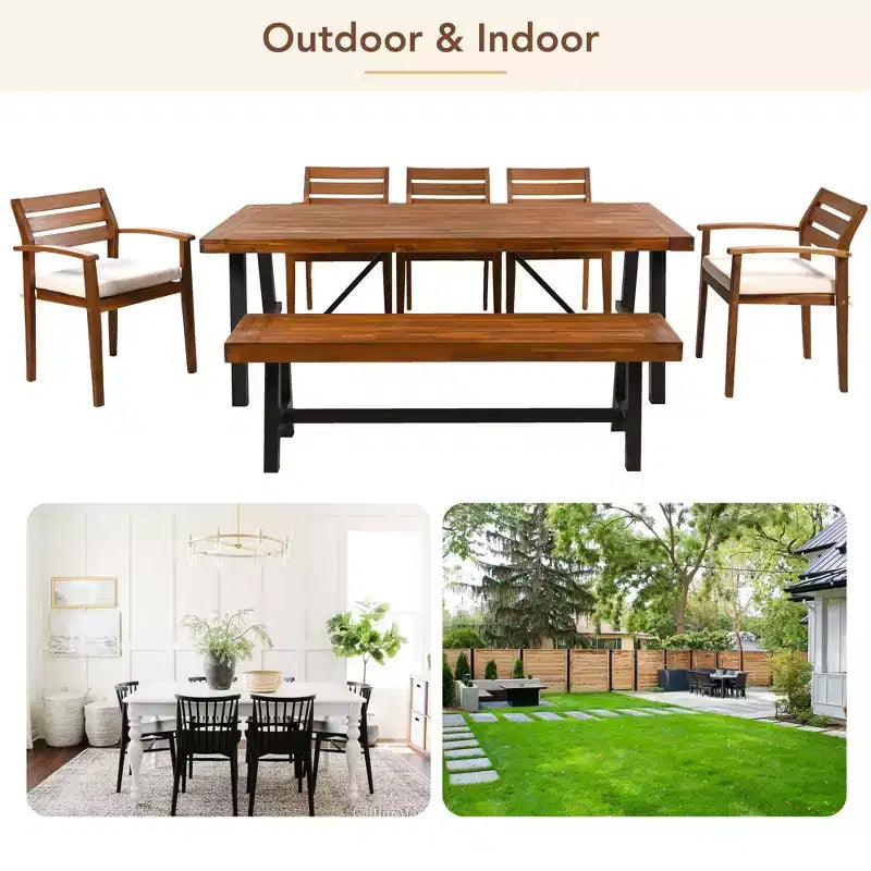 GDFStudio Murray Modern Farmhouse 7-Piece Acacia Wood Outdoor Dining Set with Table, Bench and Cushioned Chairs