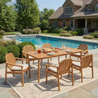 Christopher Knight Home Priya Farmhouse 7 Piece Acacia Wood Patio Dining Set with Rectangular Slatted Table