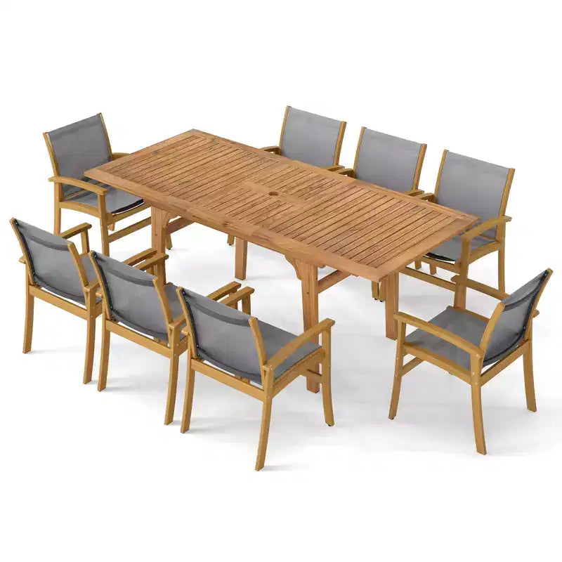 Costway 9PCS Acacia Wood Outdoor Dining Set with 1.97 Umbrella Hole for Backyard, Garden
