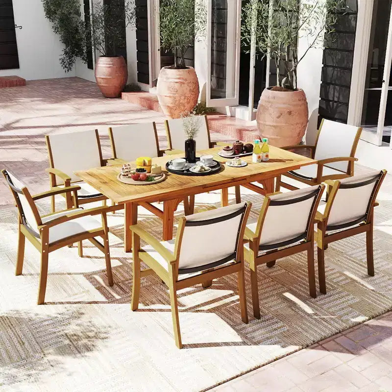 Costway 9PCS Acacia Wood Outdoor Dining Set with 1.97 Umbrella Hole for Backyard, Garden