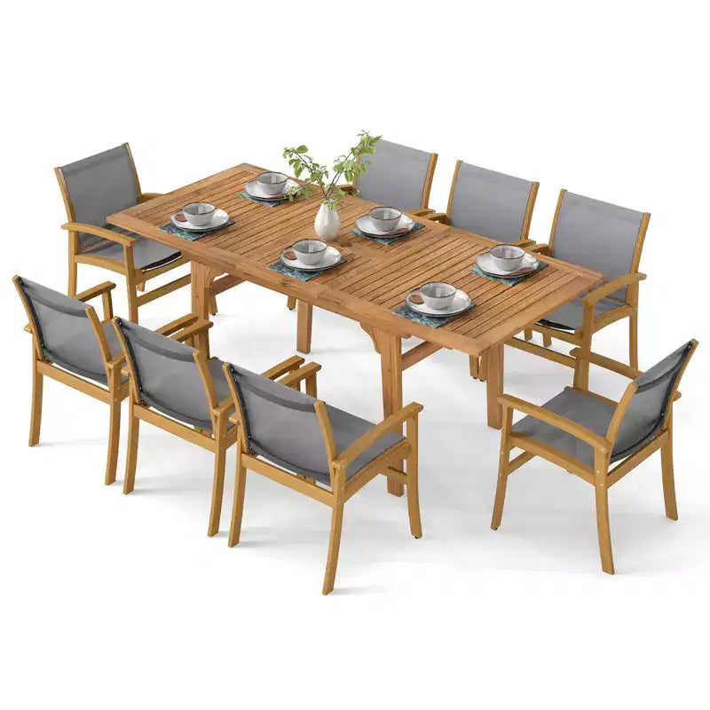 Costway 9PCS Acacia Wood Outdoor Dining Set with 1.97 Umbrella Hole for Backyard, Garden