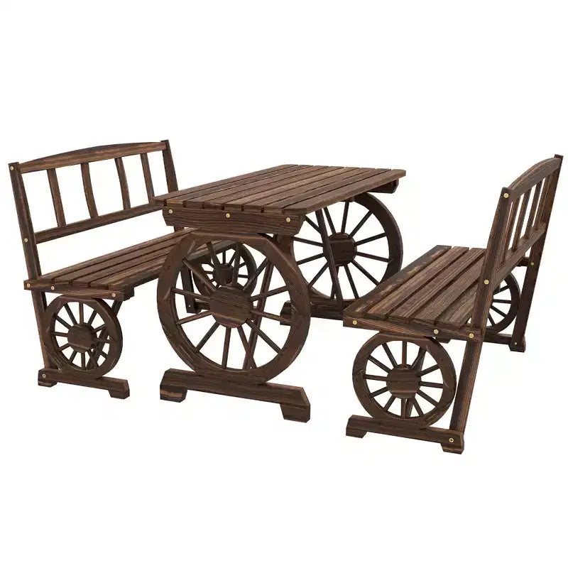 Patio Table and Chairs for 4 People, Wagon Wheel Design, Outdoor Furniture Set for Backyard, Garden, Carbonized
