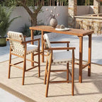 GDFStudio Agnes Patio Modern 3-Piece Acacia Wood Counter Height Dining Set with Cushioned Stools