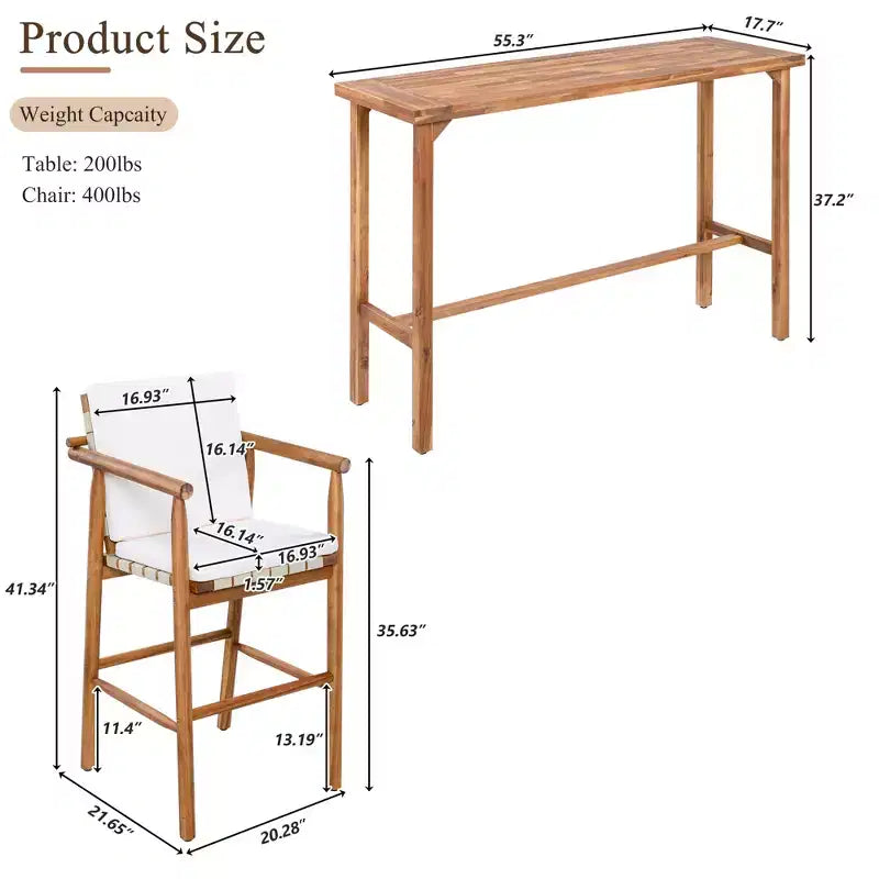 GDFStudio Agnes Patio Modern 3-Piece Acacia Wood Counter Height Dining Set with Cushioned Stools