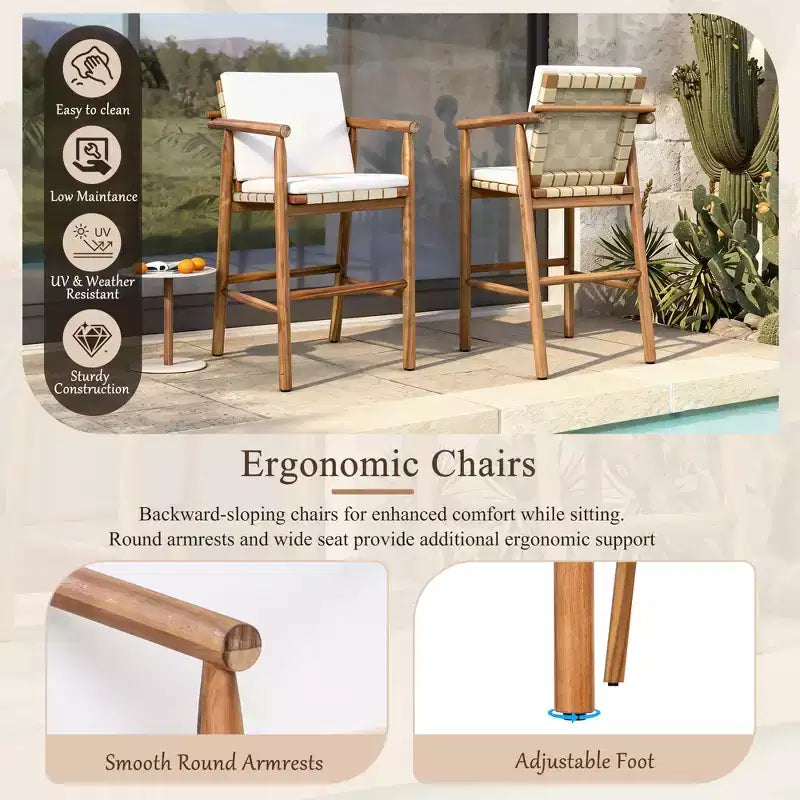 GDFStudio Agnes Patio Modern 3-Piece Acacia Wood Counter Height Dining Set with Cushioned Stools