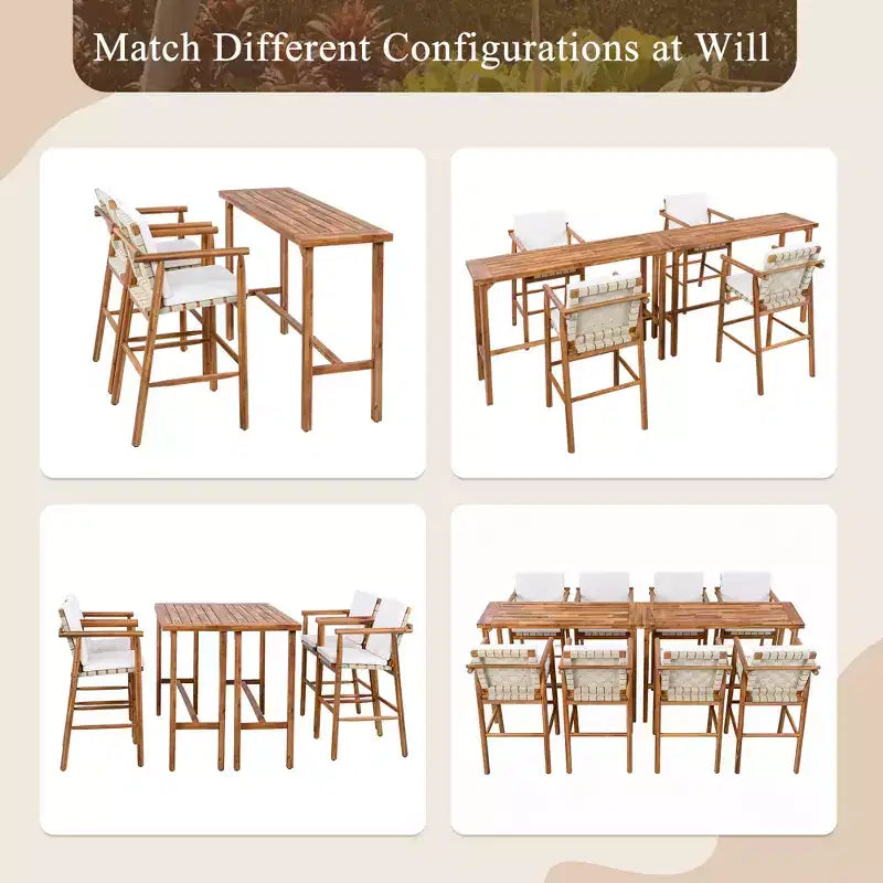 GDFStudio Agnes Patio Modern 3-Piece Acacia Wood Counter Height Dining Set with Cushioned Stools