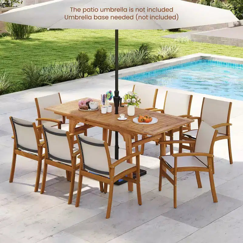Gymax 9PCS Acacia Wood Outdoor Dining Set w/ 1.97 Umbrella Hole for Backyard Garden Natural & Gray