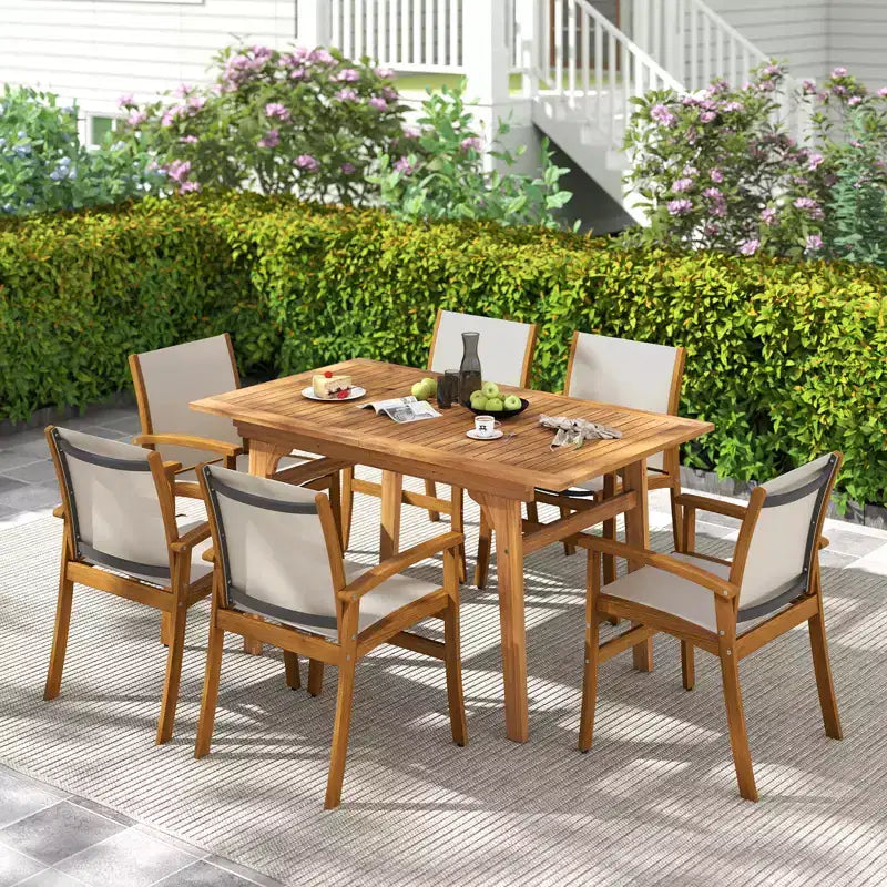 Gymax 9PCS Acacia Wood Outdoor Dining Set w/ 1.97 Umbrella Hole for Backyard Garden Natural & Gray