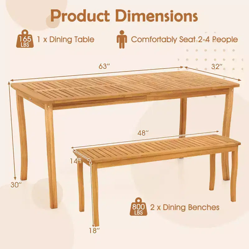 Gymax 3 Pieces Outdoor Dining Set for 4 People Patio Acacia Wood Table & Bench Set
