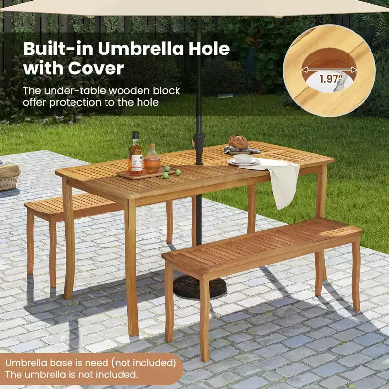 Gymax 3 Pieces Outdoor Dining Set for 4 People Patio Acacia Wood Table & Bench Set