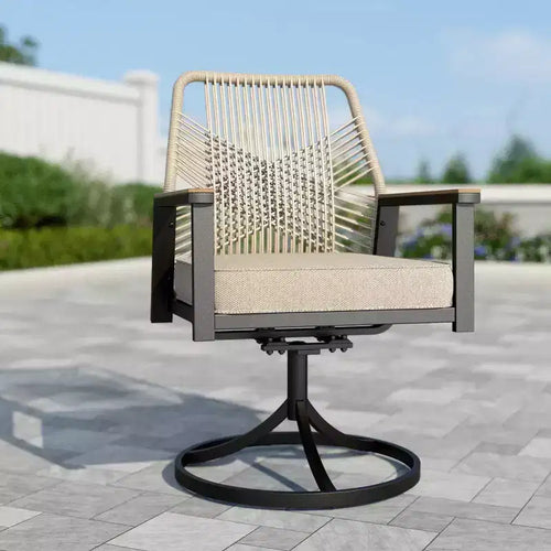 Tavolo da pranzo da patio allungabile in acciaio Captiva Designs da 7 pezzi e sedie girevoli in vimini con cuscini spessi