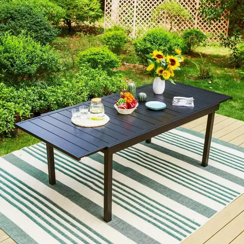 Captiva Designs 7pc Patio Expandable Steel Dining Table and Swivel Wicker Chairs with Thick Cushions