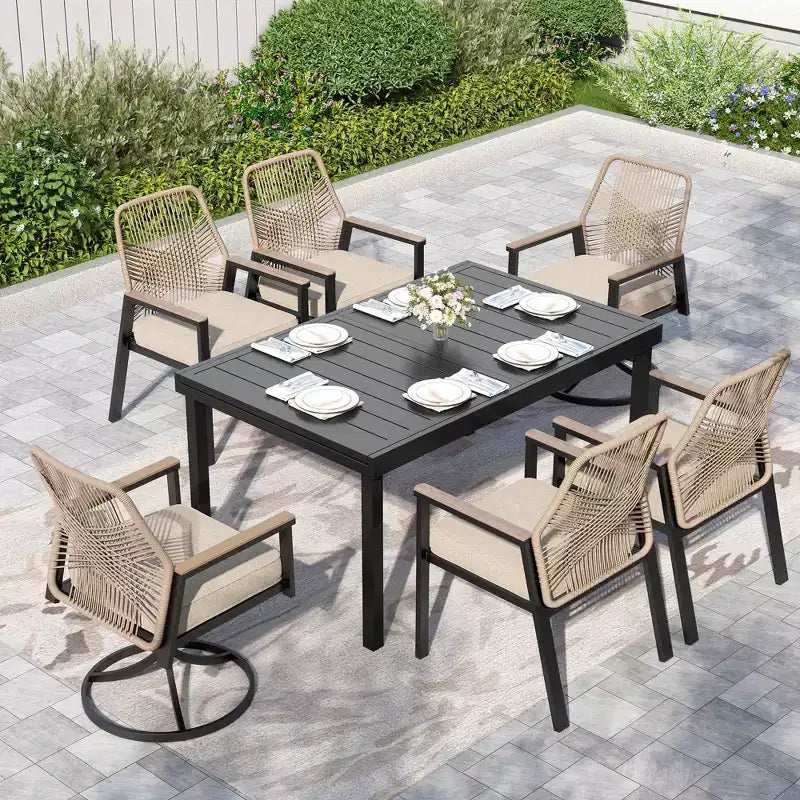 Captiva Designs 7-teilige Terrassen-Essgruppe mit ausziehbarem Stahltisch und drehbaren Korbgeflechtstühlen mit dicken Sitzkissen
