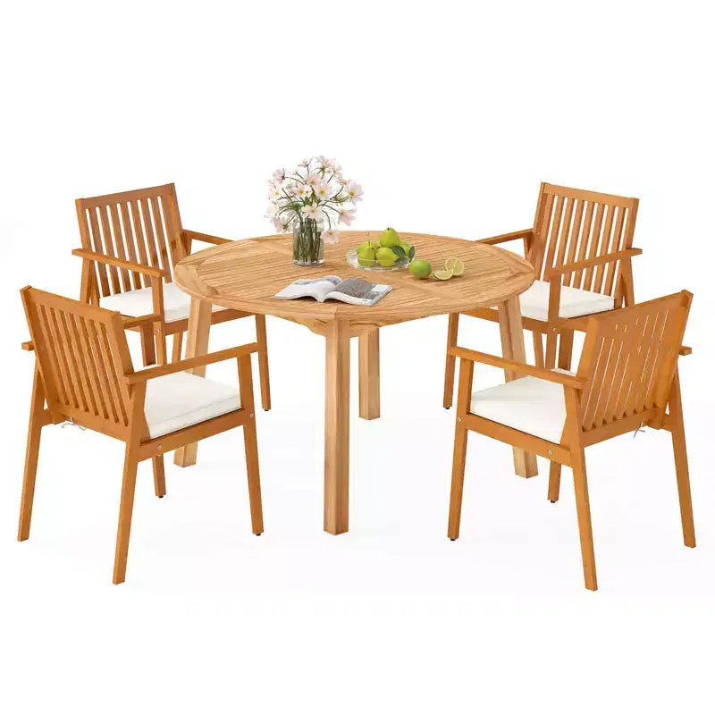 Costway 5 PCS Acacia Wood Patio Dining Set with Umbrella Hole & Cushions for Deck, Garden