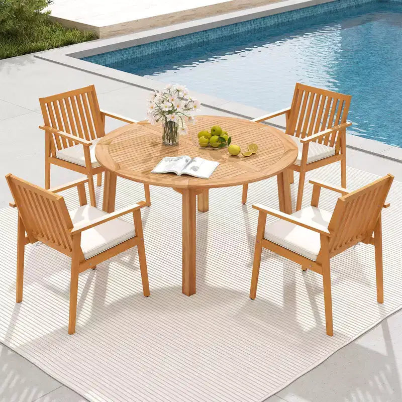 Costway 5 PCS Acacia Wood Patio Dining Set with Umbrella Hole & Cushions for Deck, Garden