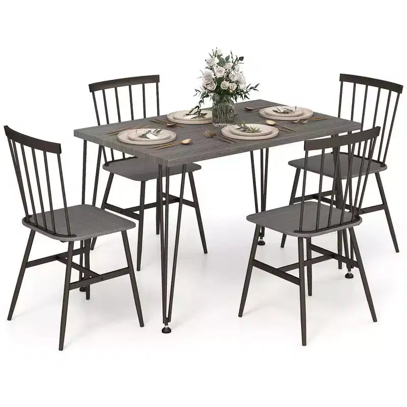 Costway 5PCS Dining Table Set for 4 Rectangular Kitchen Table & 4 Chairs w/ Metal Frame Grey Oak