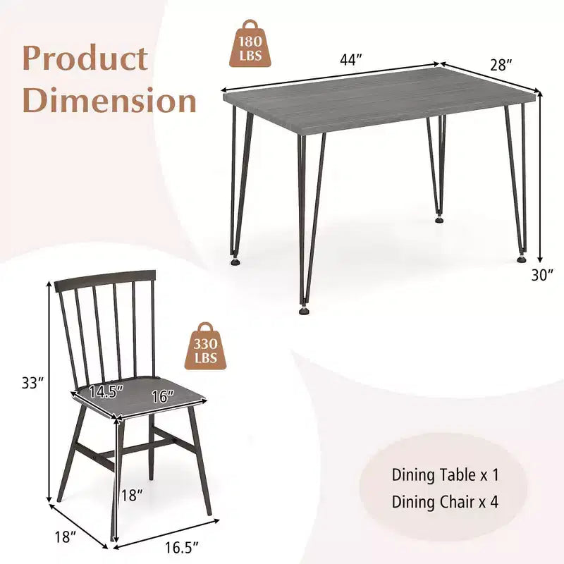Costway 5PCS Dining Table Set for 4 Rectangular Kitchen Table & 4 Chairs w/ Metal Frame Grey Oak
