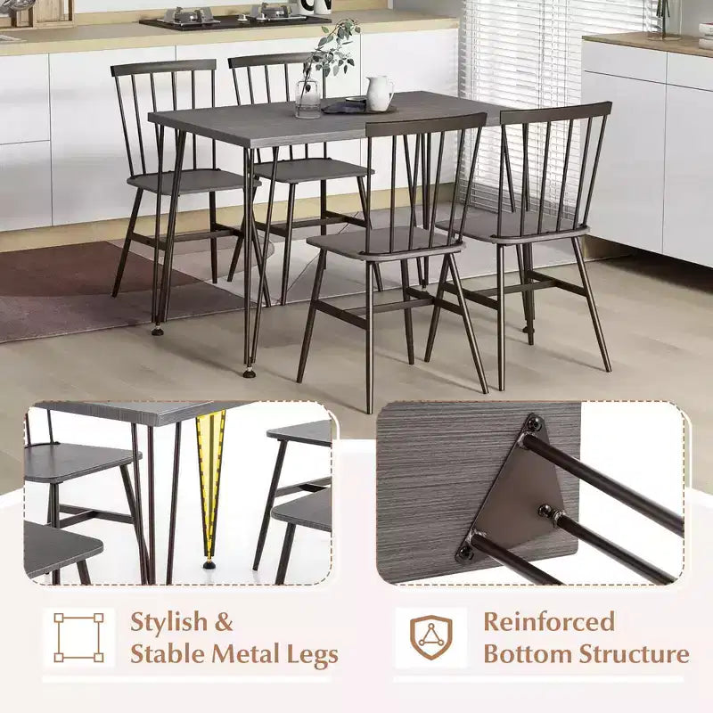 Costway 5PCS Dining Table Set for 4 Rectangular Kitchen Table & 4 Chairs w/ Metal Frame Grey Oak