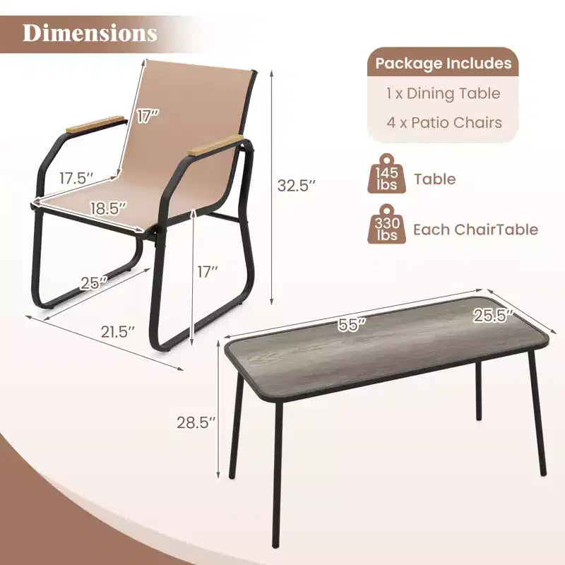 Costway 5 PCS Patio Dining Set w/ Wood-like Armrests & Metal Frame for Garden Yard